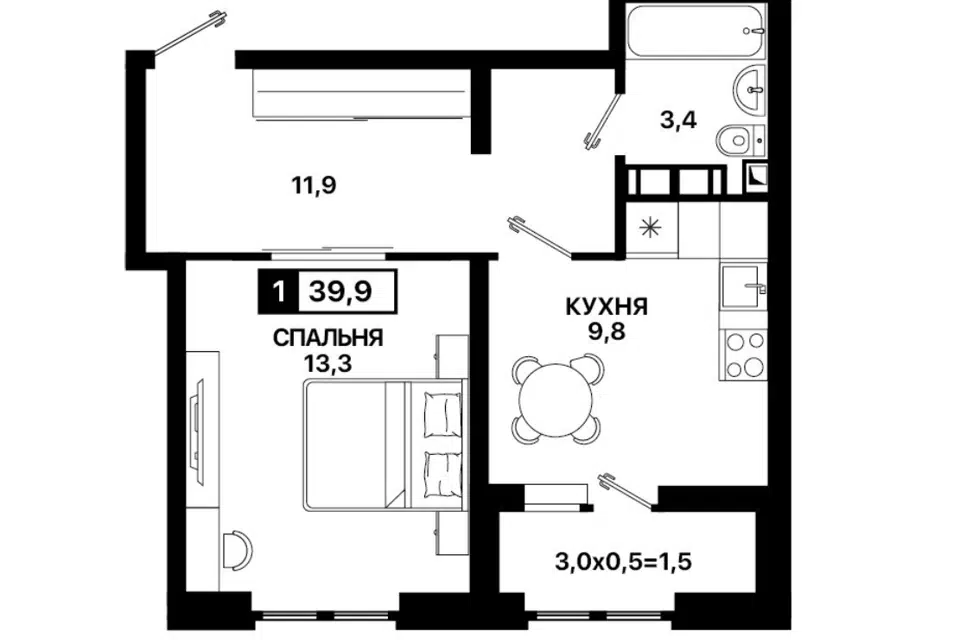 Продаётся 1-комнатная квартира, 39.9 м²