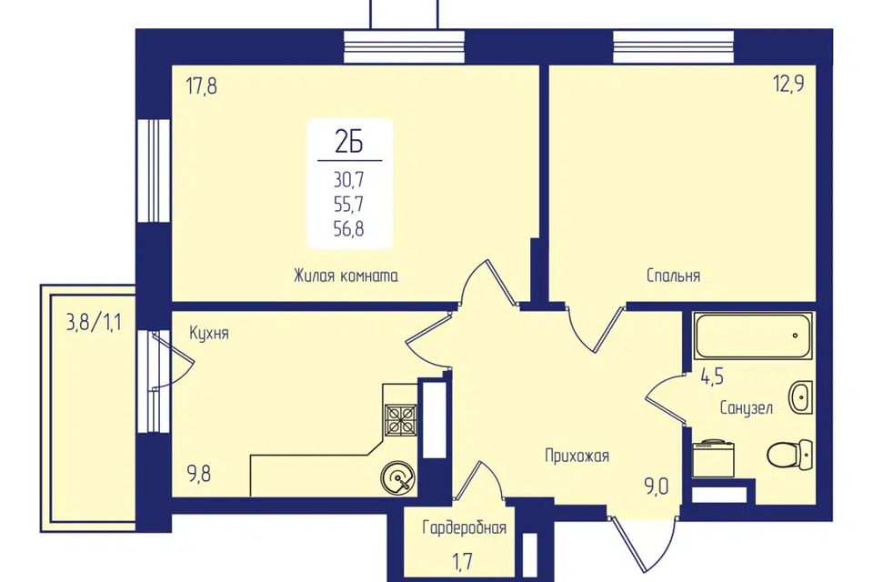 Продаётся 2-комнатная квартира, 56.8 м²
