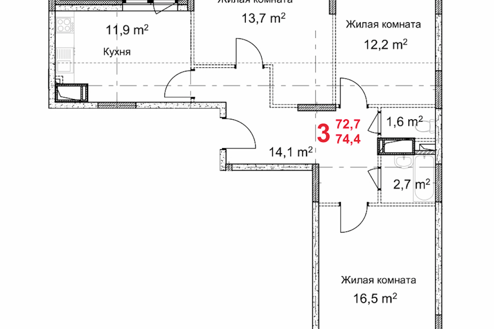 Продаётся 3-комнатная квартира, 74.4 м²