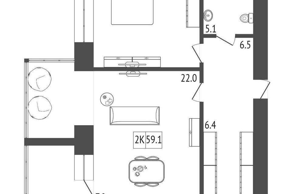 Продаётся 2-комнатная квартира, 59.1 м²