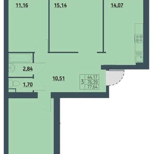Продаётся 3-комнатная квартира, 76.3 м²