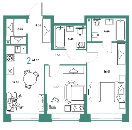 Продаётся 2-комнатная квартира, 61.67 м²