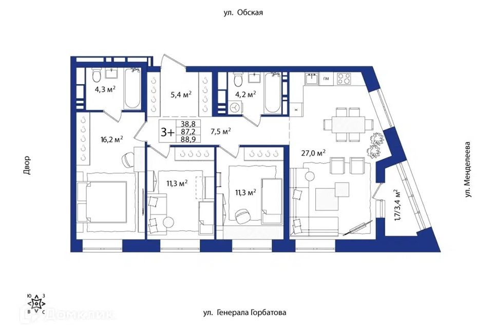 Продаётся 3-комнатная квартира, 88.9 м²
