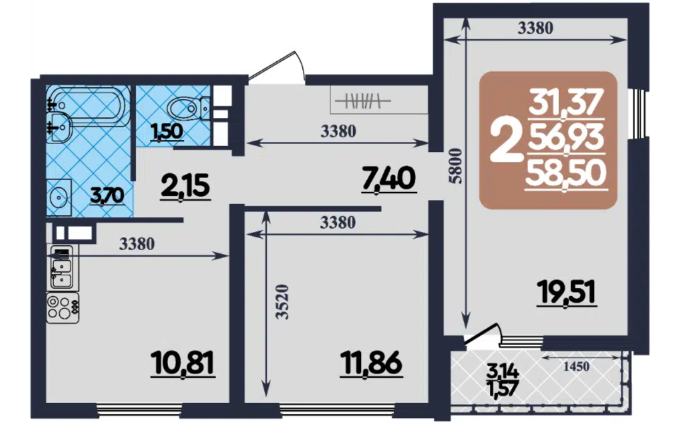 Продаётся 2-комнатная квартира, 58.5 м²