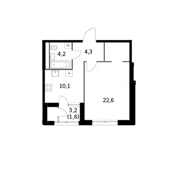 Продаётся 1-комнатная квартира, 42.8 м²