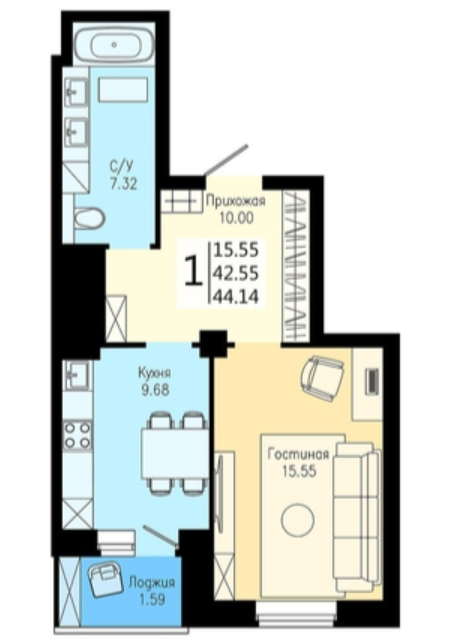 Продаётся 1-комнатная квартира, 44.14 м²