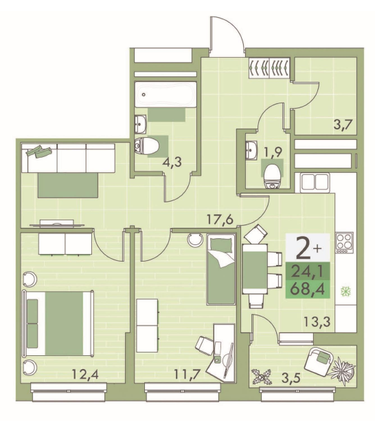Продаётся 2-комнатная квартира, 66.6 м²