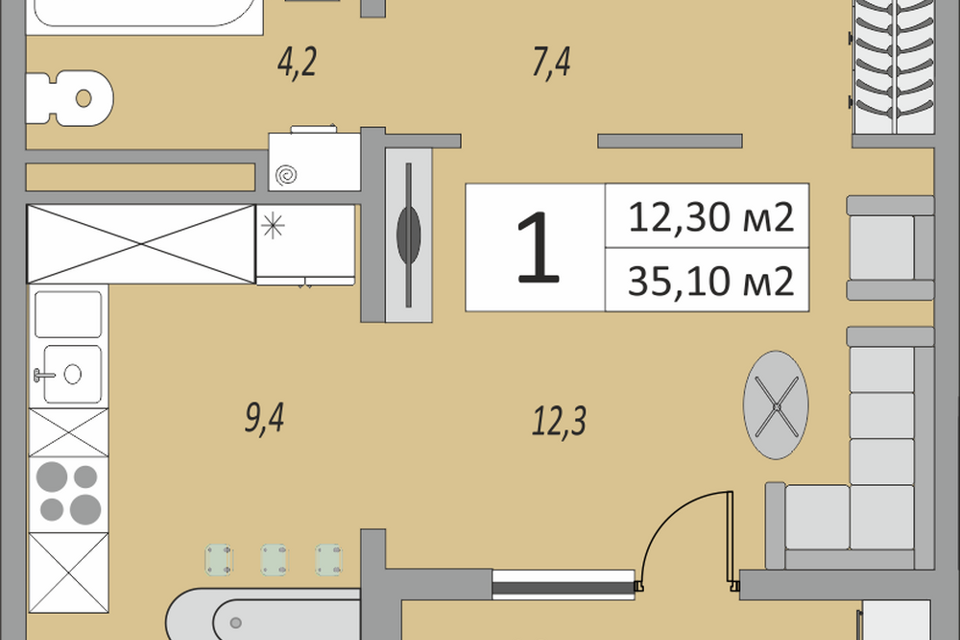 Продаётся 1-комнатная квартира, 35.1 м²