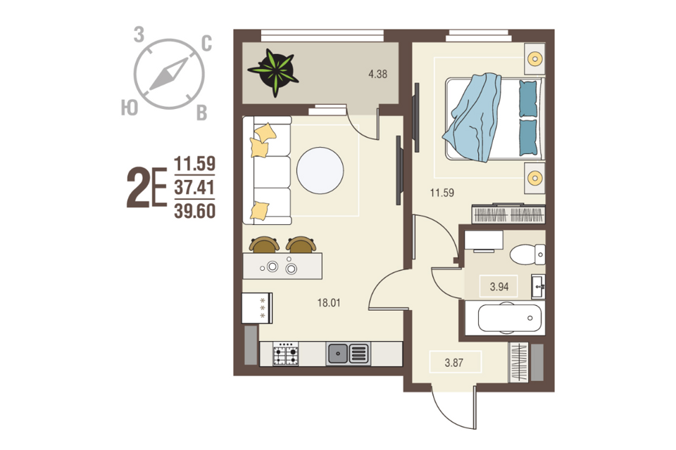 Продаётся 1-комнатная квартира, 39.6 м²
