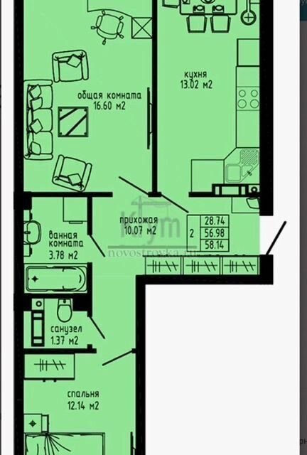 Продаётся 2-комнатная квартира, 58 м²
