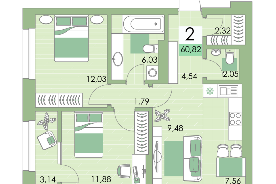 Продаётся 2-комнатная квартира, 60 м²