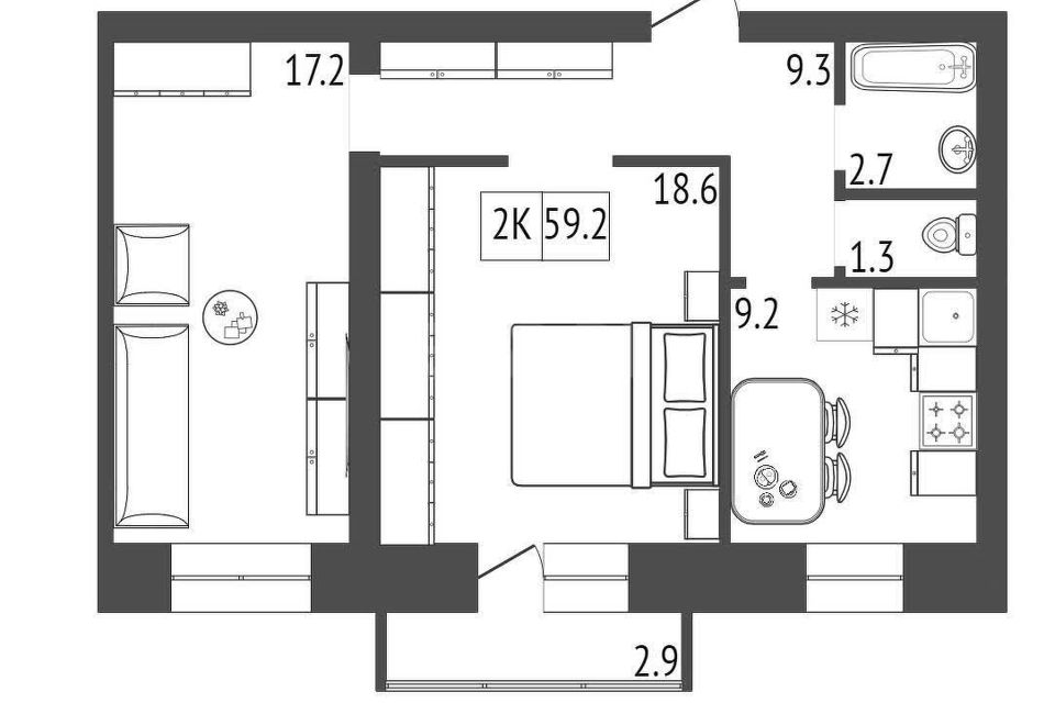 Продаётся 2-комнатная квартира, 59.2 м²