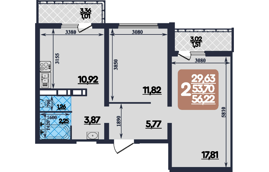 Продаётся 2-комнатная квартира, 56 м²