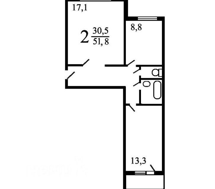 Продаётся 2-комнатная квартира, 51.8 м²