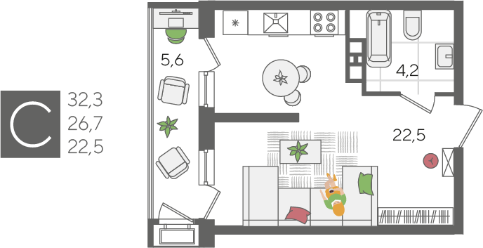 Продаётся 1-комнатная квартира, 32 м²