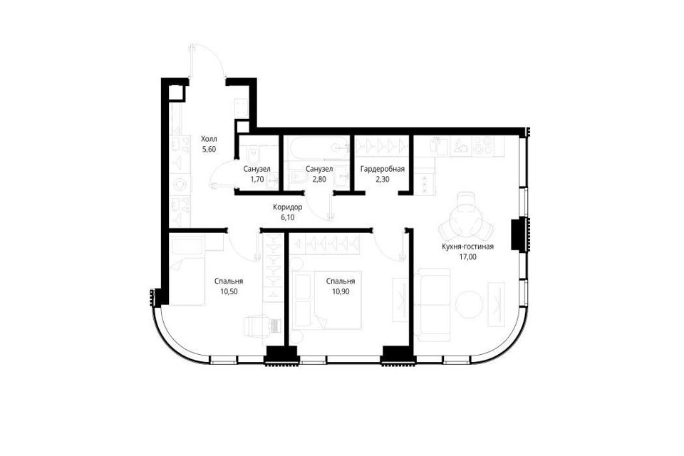 Продаётся 2-комнатная квартира, 56.9 м²