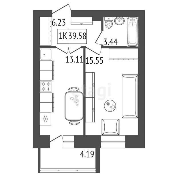 Продаётся 1-комнатная квартира, 39.58 м²