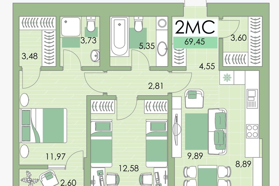 Продаётся 2-комнатная квартира, 69.45 м²