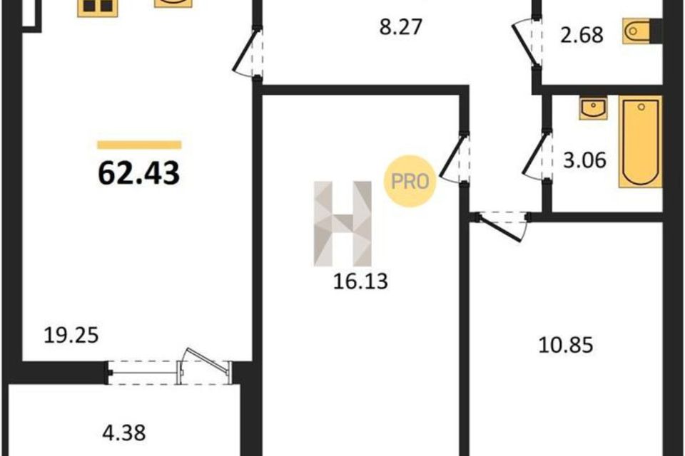 Продаётся 2-комнатная квартира, 62.43 м²