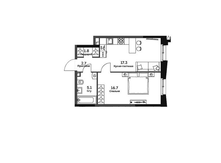 Продаётся 1-комнатная квартира, 43.6 м²