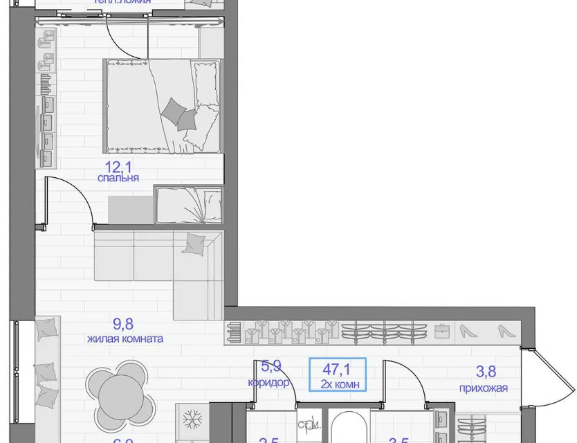 Продаётся 1-комнатная квартира, 47.1 м²