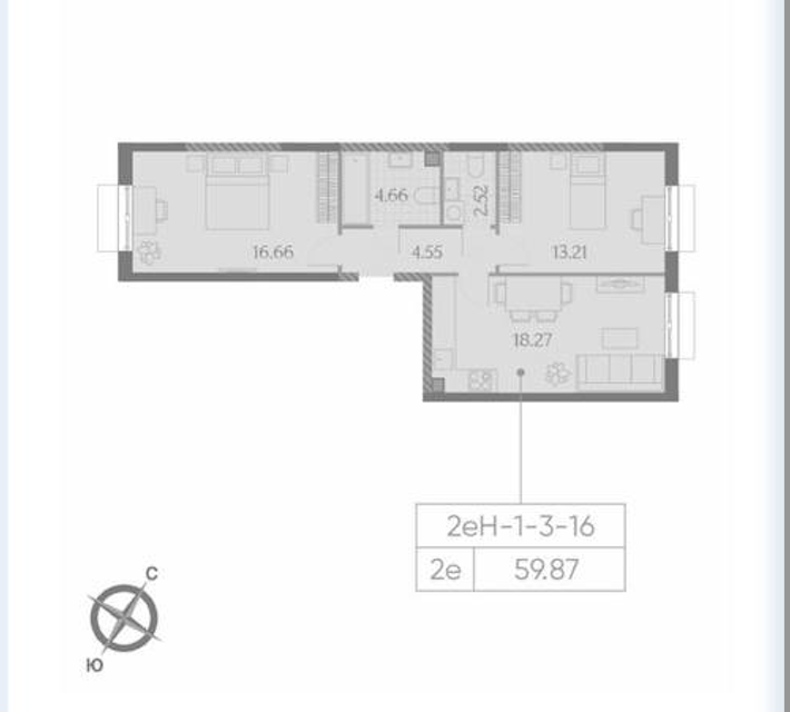 Продаётся 2-комнатная квартира, 59.87 м²