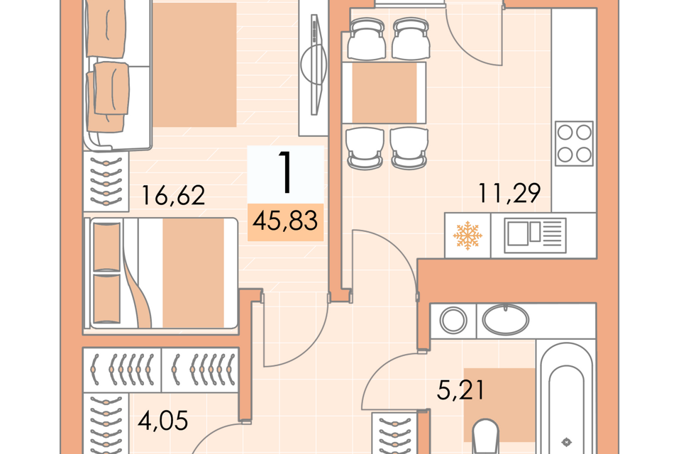 Продаётся 1-комнатная квартира, 45.4 м²