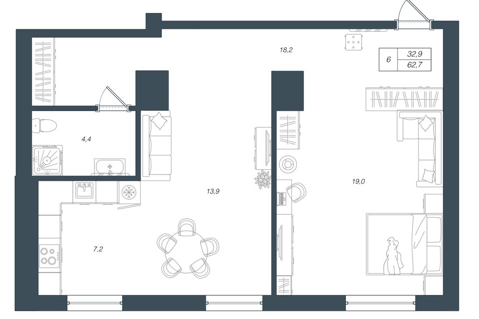 Продаётся 2-комнатная квартира, 62.8 м²