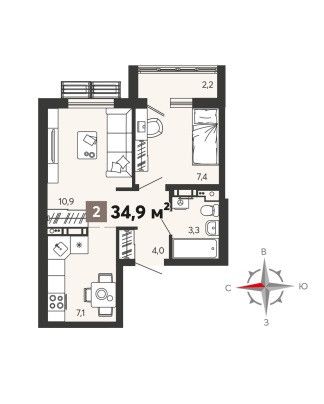 Продаётся 2-комнатная квартира, 34.9 м²