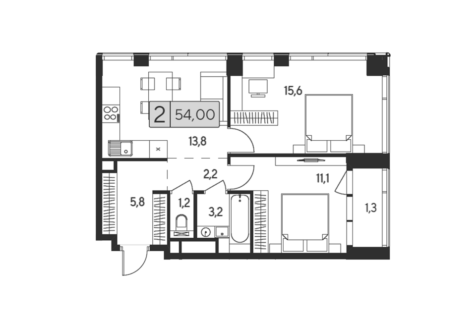 Продаётся 2-комнатная квартира, 54 м²