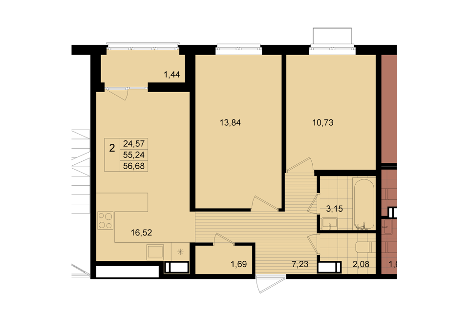 Продаётся 2-комнатная квартира, 55.3 м²