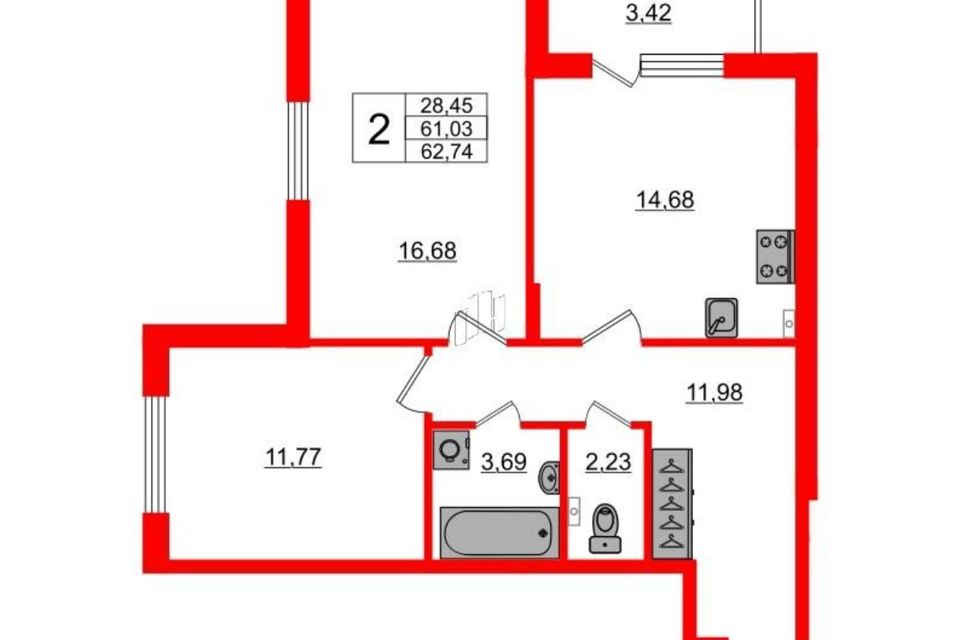 Продаётся 2-комнатная квартира, 60.2 м²