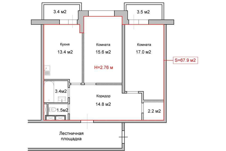 Продаётся 2-комнатная квартира, 67.9 м²