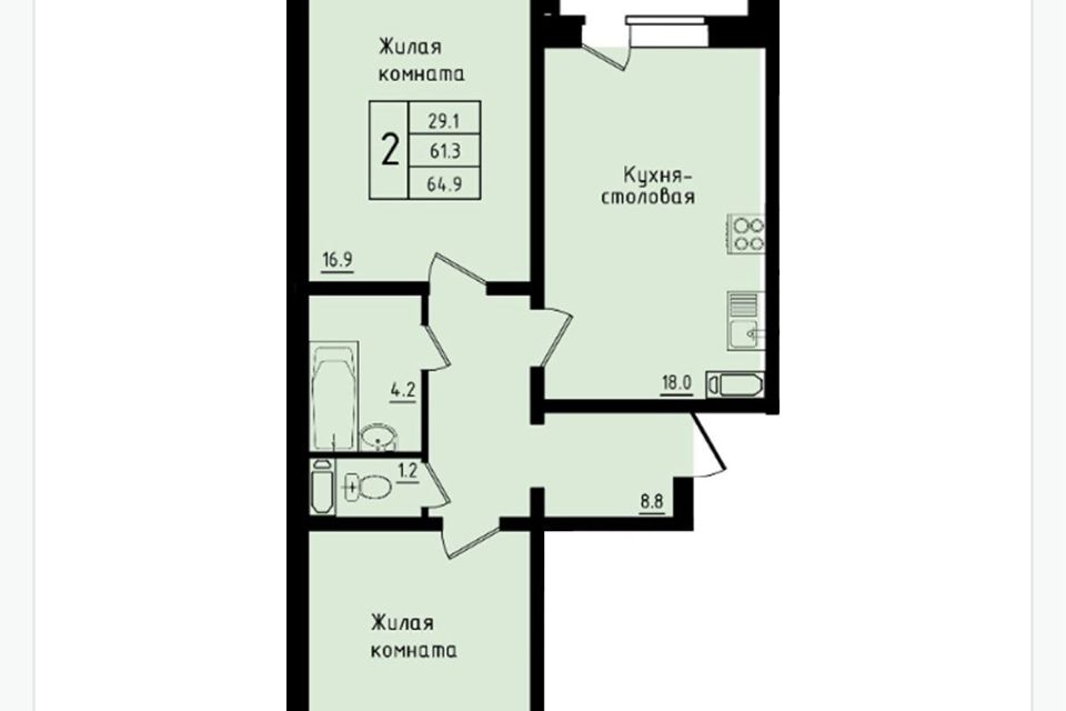 Продаётся 2-комнатная квартира, 61.4 м²
