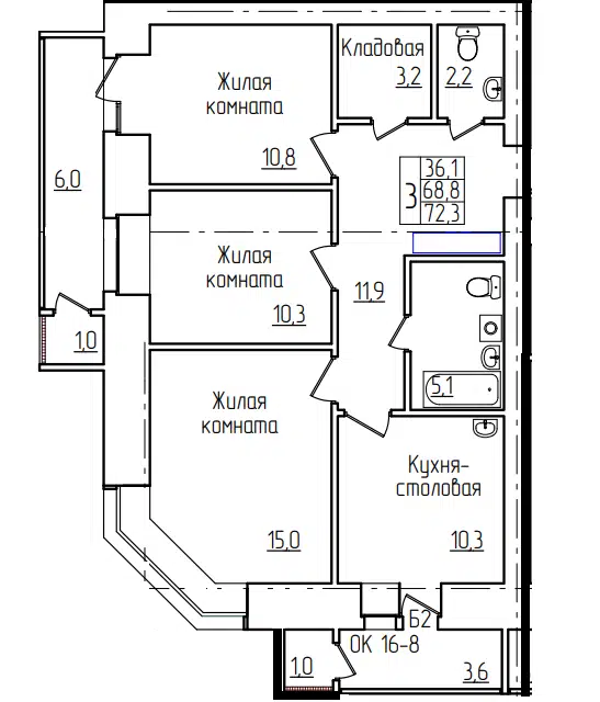 Продаётся 3-комнатная квартира, 72.3 м²