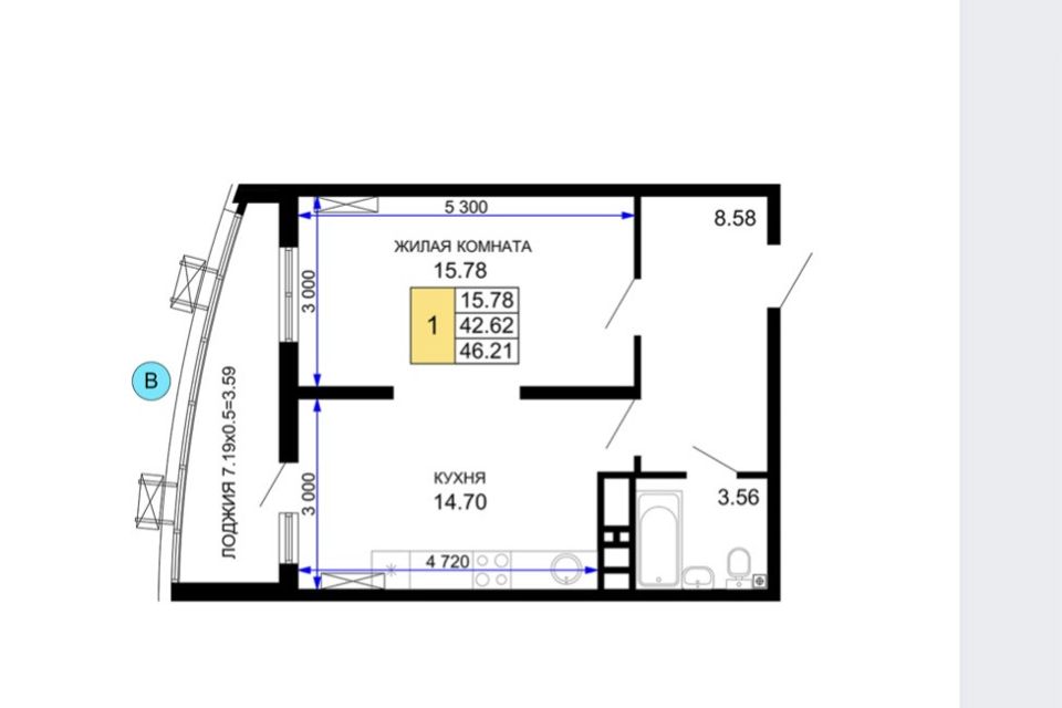 Продаётся 1-комнатная квартира, 46.21 м²