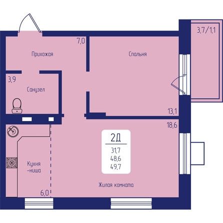 Продаётся 2-комнатная квартира, 49.7 м²