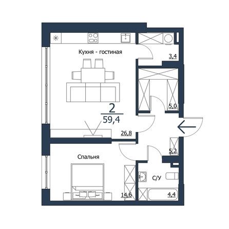 Продаётся 1-комнатная квартира, 59.4 м²