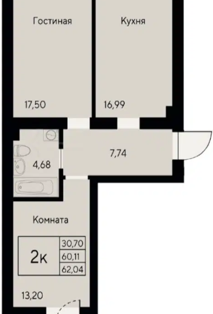 Продаётся 2-комнатная квартира, 62 м²