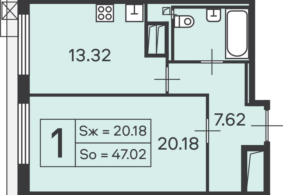 Продаётся 1-комнатная квартира, 47.1 м²