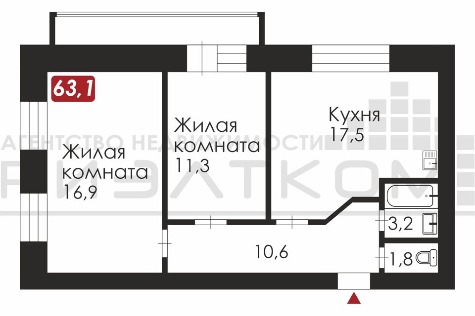 Продаётся 2-комнатная квартира, 63.1 м²