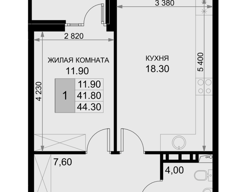 Продаётся 1-комнатная квартира, 41.8 м²