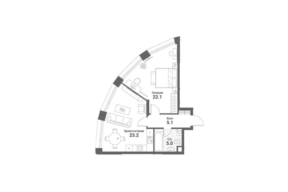 Продаётся 1-комнатная квартира, 55.7 м²