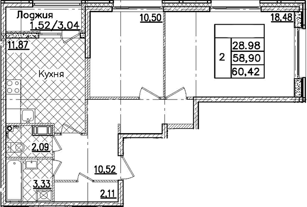 Продаётся 2-комнатная квартира, 59 м²