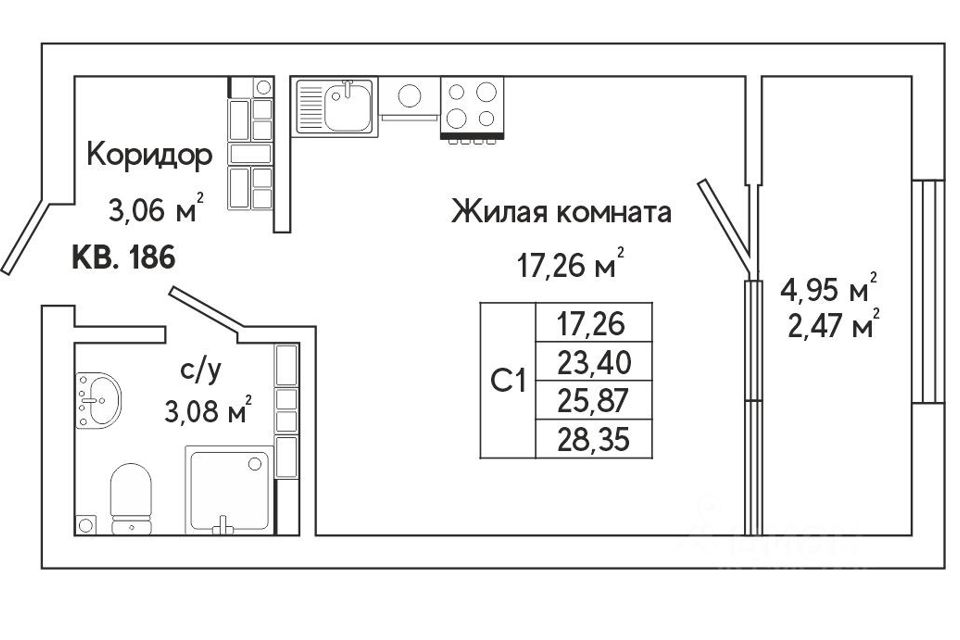 Продаётся 1-комнатная квартира, 28.6 м²