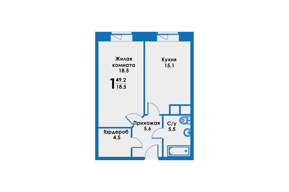 Продаётся 1-комнатная квартира, 49.1 м²