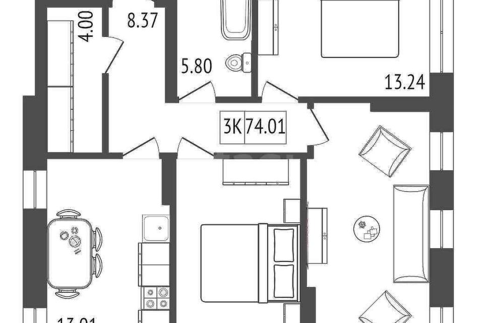 Продаётся 3-комнатная квартира, 74.79 м²