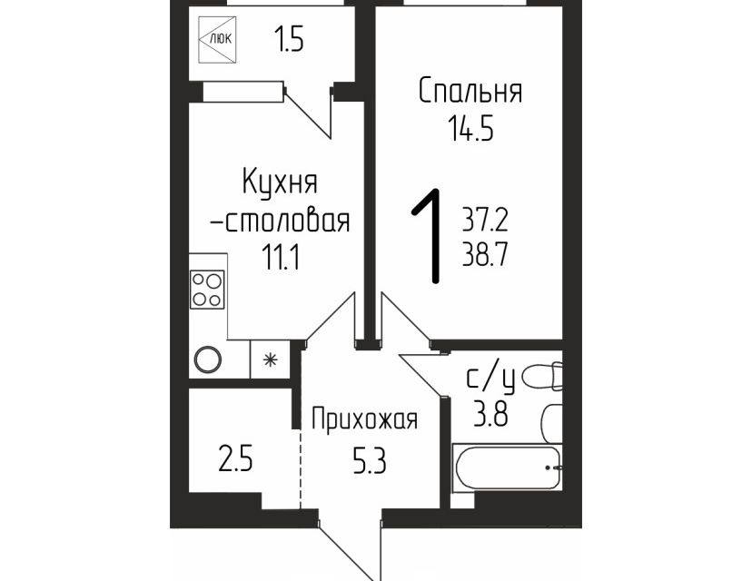 Продаётся 1-комнатная квартира, 38.7 м²