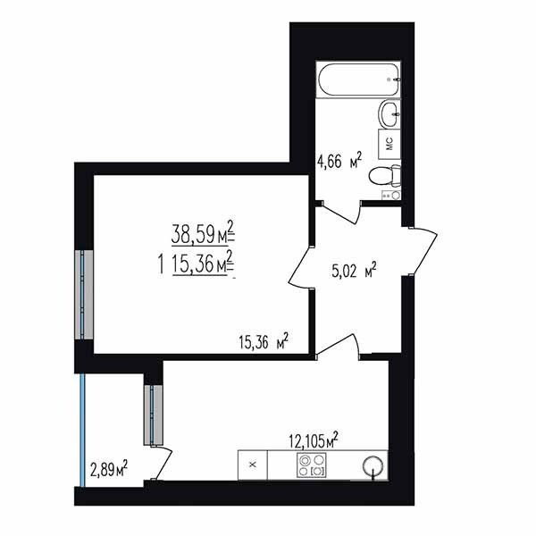 Продаётся 1-комнатная квартира, 38 м²