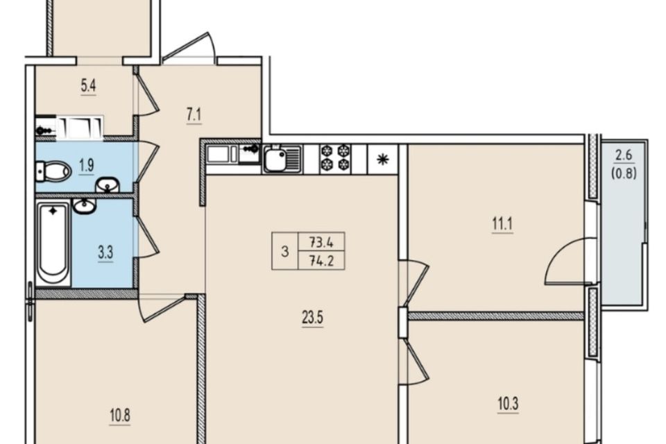 Продаётся 3-комнатная квартира, 73.4 м²